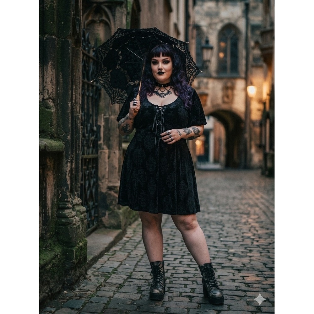 Torrid Nightfall Black Velvet Skull Damask Lace Up Mini Dress Pockets Size 6 6X